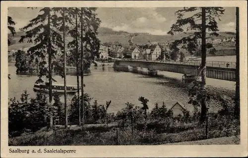 Ak Saalburg in Thüringen, Saaletalsperre, Schiff, Brücke