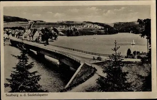 Ak Saalburg in Thüringen, Saaletalsperre, Brücke, Segelboot