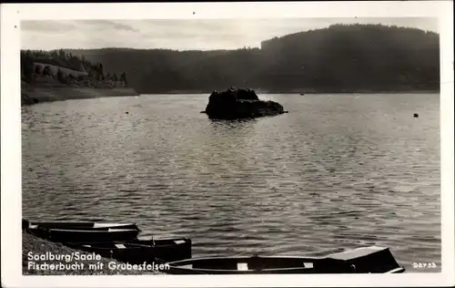 Ak Saalburg in Thüringen, Fischerbucht mit Grübesfelsen, Boote