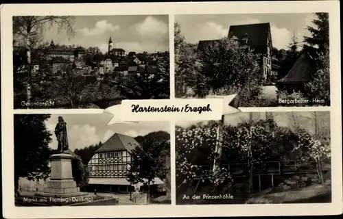Ak Hartenstein im Erzgebirge Sachsen, Prinzenhöhle, Markt, Fleming-Denkmal