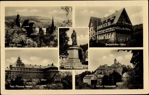 Ak Hartenstein an der Pegnitz Mittelfranken, Schloss Stein, Fleming Denkmal u. Schule, Schloss