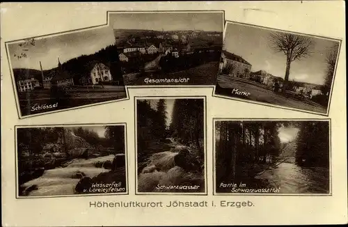 Ak Jöhstadt im Erzgebirge Sachsen, Schlössel, Markt, Wasserfall, Loreleyfelsen, Schwarzwasser