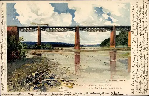 Künstler Litho Schmidt, Carl, Großhesselohe Pullach Oberbayern, Brücke über die Isar