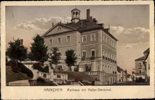 Ak Hainichen in Sachsen, Rathaus, Keller-Denkmal