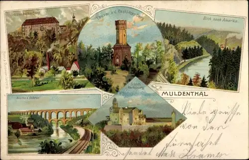 Litho Rochlitz an der Mulde, Turm Rochlitzer Berg, Amerika, Schloss Rochsburg, Brücke, Muldenthal