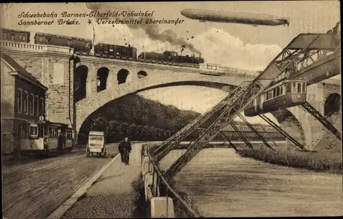 Ak Elberfeld Wuppertal, Sonnborner Brücke, Eisenbahnbrücke, Straßenbahn, Schwebebahn, Zeppelin