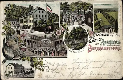 Litho Burkhardtsdorf im Erzgebirge, Gasthof am Auenberg, Inh. Gust. Göpfert, Bahnhof, Schießmauer