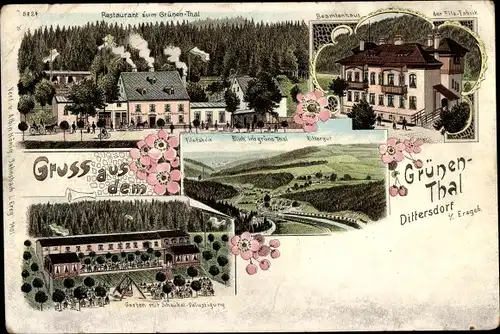 Litho Dittersdorf Erzgebirge, Restaurant zum Grünen Thal, Garten, Beamtenhaus