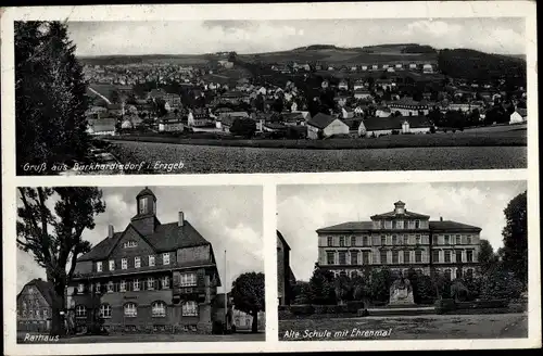 Ak Burkhardtsdorf im Erzgebirge, Gesamtansicht, Rathaus, Schule mit Ehrenmal