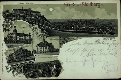 Mondschein Litho Stollberg im Erzgebirge, Totale, Schloss, Post, Rathaus