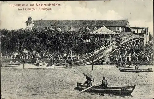 Ak Limbach in Sachsen, Kristallpalast und Wasserrutschbahn im Limbacher Stadtpark