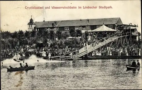Ak Limbach in Sachsen, Kristallpalast und Wasserrutschbahn im Limbacher Stadtpark