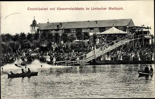 Ak Limbach in Sachsen, Kristallpalast und Wasserrutschbahn im Limbacher Stadtpark