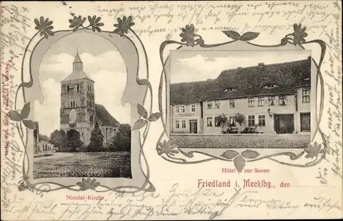 Ak Friedland in Mecklenburg, Hotel zur Sonne, Nicolaikirche