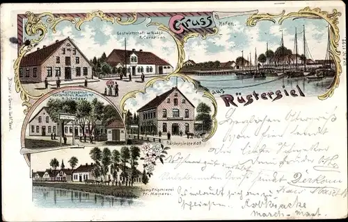 Litho Rüstersiel Wilhelmshaven an der Nordsee, Gastwirtschaft Waage, Hafen, Restaurant