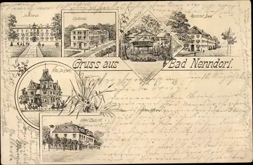 Litho Bad Nenndorf an der Weser, Badehaus, Kurhaus, Villa, Hotel Cassel, Brunnenplatz