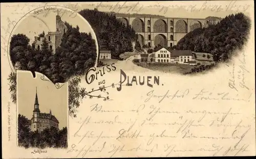 Litho Plauen im Vogtland, Schloss, Ruine Liebau, Viadukt