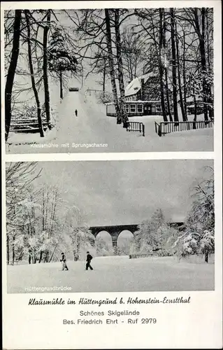 Ak Hohenstein Ernstthal, Klausmühle im Winter, Hüttengrund, Hüttengrundbrücke, Sprungschanze