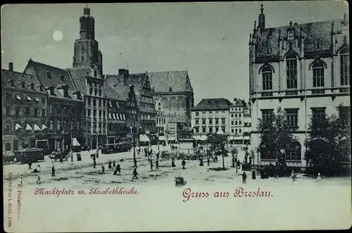 Mondschein Ak Wrocław Breslau in Schlesien, Marktplatz mit Elisabethkirche