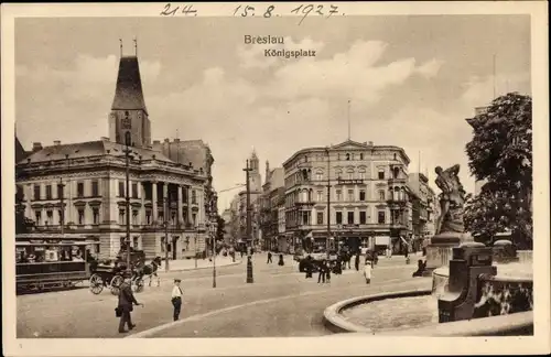 Ak Wrocław Breslau in Schlesien, Partie am Königsplatz, Kutsche