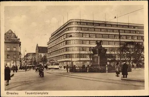 Ak Wrocław Breslau in Schlesien, Tauentzienplatz, Straßenbahn, Kaufhaus Wertheim