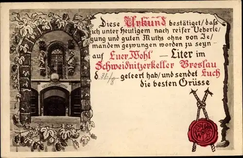 Ak Wrocław Breslau in Schlesien, Eingang zum Schweidnitzer Keller, Urkunde, Siegel