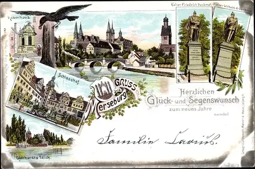 Litho Merseburg an der Saale, Rabenhaus, Schlosshof, Kaiser Wilhelm I. Denkmal, Teilansicht, Brücke