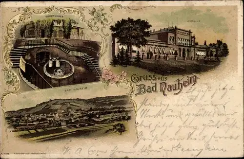 Litho Bad Nauheim in Hessen, Kurhaus, Gesamtansicht, Brunnen