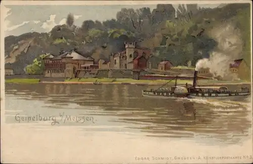 Litho Meißen an der Elbe, Geipelburg, Dampfschiff