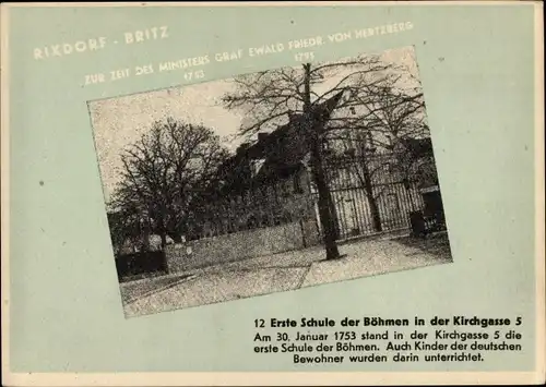 Ak Berlin Neukölln Britz, Erste Schule der Böhmen, Kirchgasse 5