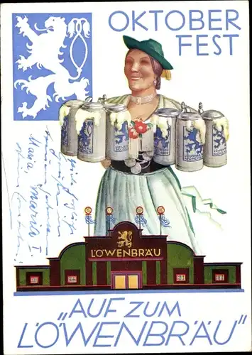 Ak München Bayern, Löwenbräu Brauerei, Oktoberfest, Bierhalle, Frau mit Maßkrügen, bayerische Tracht