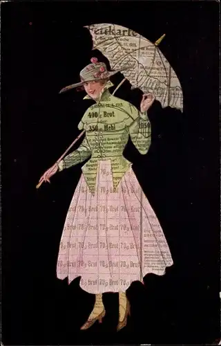 Ak Dame im Kleid aus Brotmarken, Schirm, Fettkarte