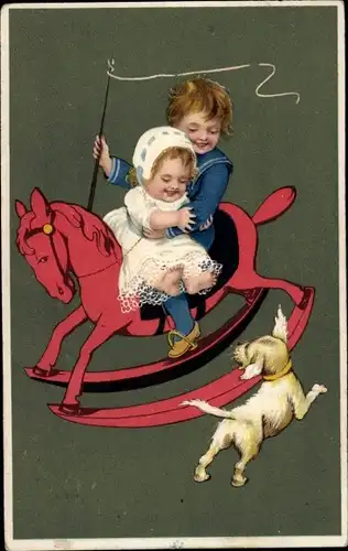 Präge Ak Zwei Kinder auf einem Schaukelpferd, Hund