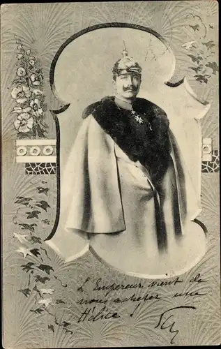 Passepartout Ak Kaiser Wilhelm II., Portrait, Mantel, Pickelhaube