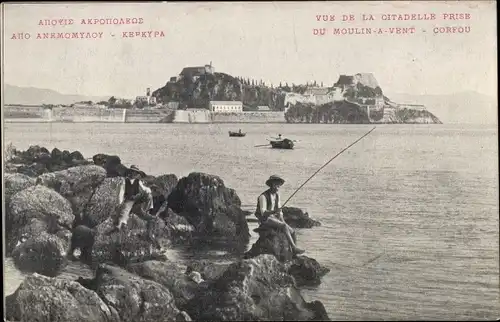 Ak Korfu Griechenland, Blick auf die Zitadelle von der Windmühle, Angler