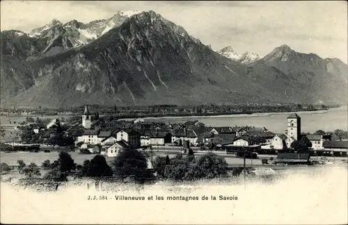 Ak Villeneuve Kanton Waadt, Die Berge von Savoyen und die Stadt
