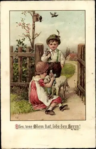 Ak Kinder, Lamm, Bibelzitat, Lobe den Herrn, Ps. 150,6