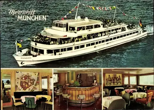 Ak Bodensee, Motorschiff München mit Passagieren an Bord, Innenansicht