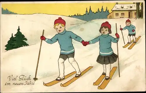 Ak Glückwunsch Neujahr, Kinder fahren Ski