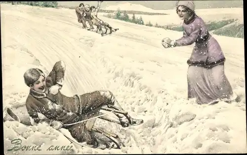 Ak Glückwunsch Neujahr, Schneeballschlacht, Schlittenfahrt