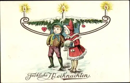 Präge Ak Glückwunsch Weihnachten, Kinder, Tannenzweige, Kerzen
