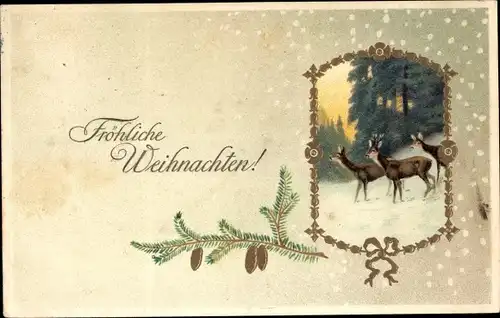 Präge Ak Glückwunsch Weihnachten, Rehe, Tannenzapfen