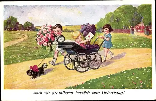 Ak Glückwunsch Geburtstag, Kinder, Kinderwagen, Blumen, Hund