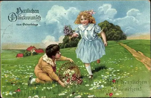 Ak Glückwunsch Geburtstag, Kinder, Blumenwiese