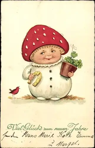 Ak Glückwunsch Neujahr, Pilz, Glücksklee, Hufeisen, Vogel