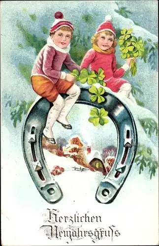 Ak Glückwunsch Neujahr, Kinder, Hufeisen, Glücksklee