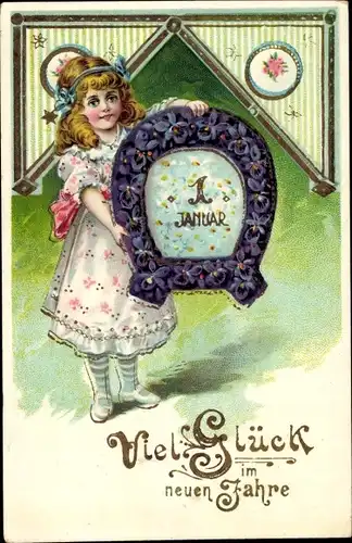 Präge Glitzer Ak Glückwunsch Neujahr, Mädchen, Hufeisen, Veilchen