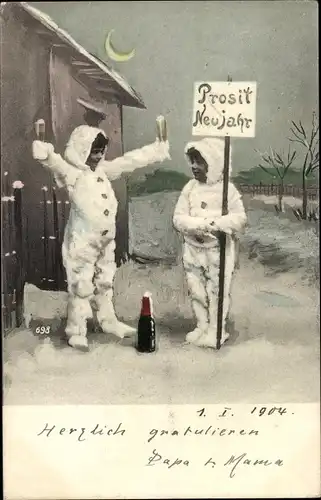 Ak Glückwunsch Neujahr, Kinder, Sektglas, Sektflasche, Mond