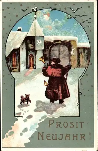 Ak Glückwunsch Neujahr, Junge, Horn, Wächter, Hund