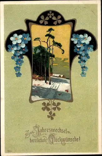 Präge Ak Glückwunsch Neujahr, Glücksklee, Vergissmeinnicht, Bäume